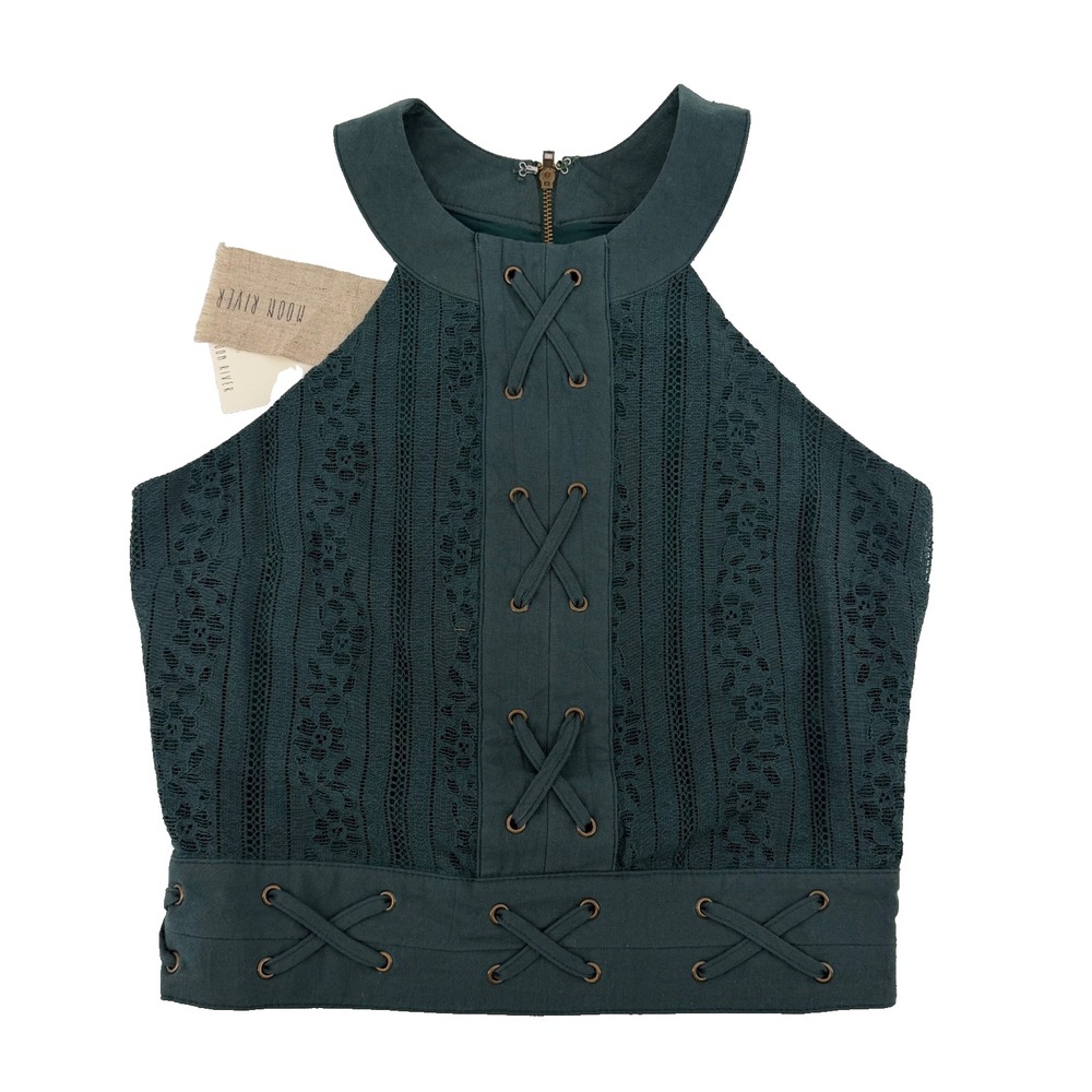 Moon River Lace Crop Top Women's M Green Lace Up Boho Cottagecore NWT